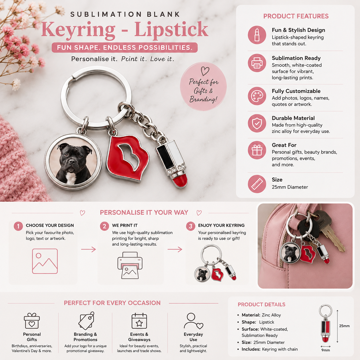 Personalised Photo Keyring with Lipstick & Lips Charms 💄💋