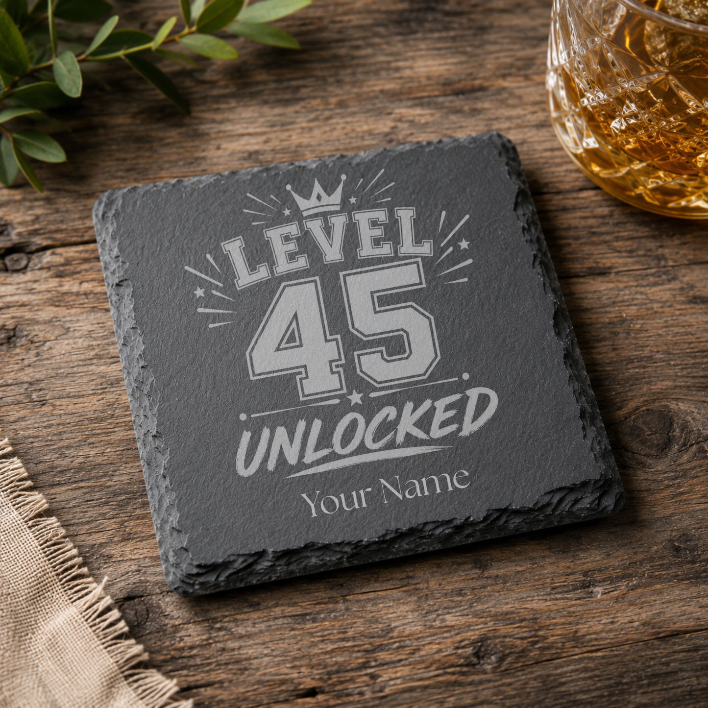 Personalised Level 45 Unlocked Engraved Slate Coaster – Milestone Birthday Gift