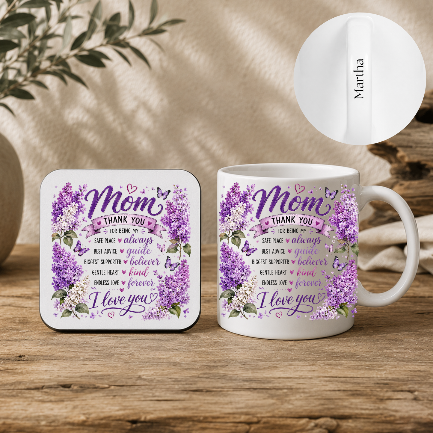 Personalised 11oz Mug & MDF Coaster Gift Set with Name on Handle