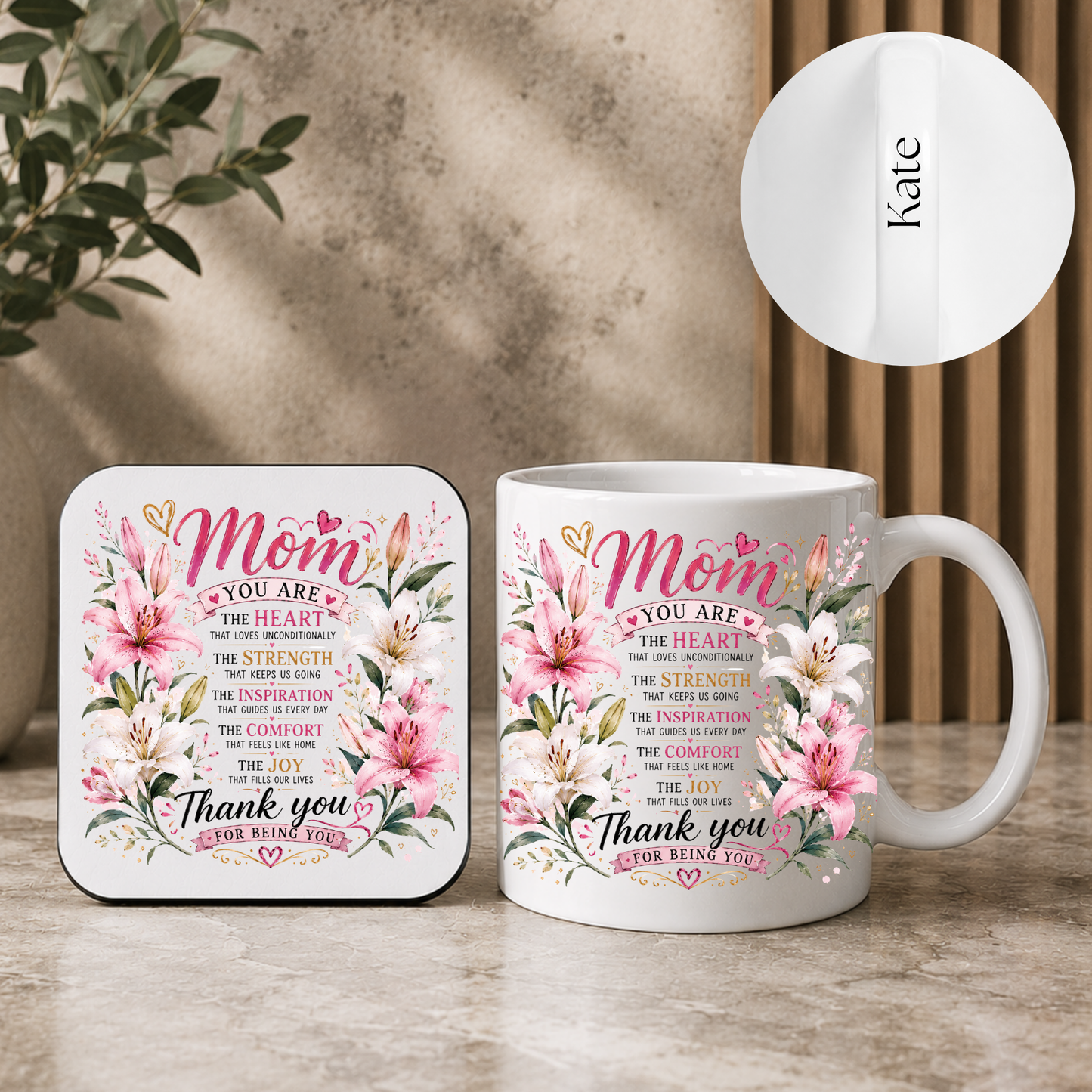 Personalised 11oz Mug & MDF Coaster Gift Set with Name on Handle