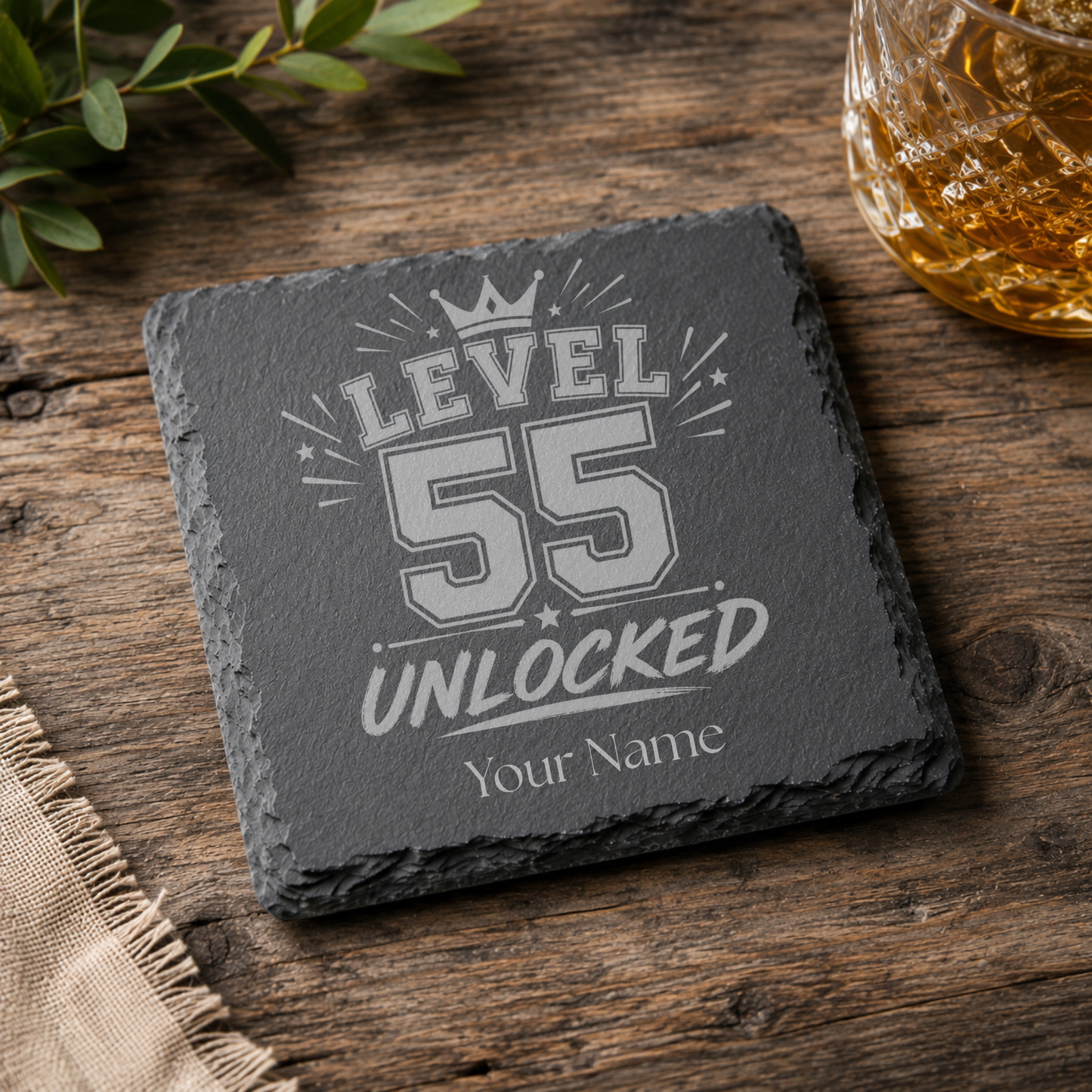 Personalised Level 55 Unlocked Engraved Slate Coaster – Milestone Birthday Gift