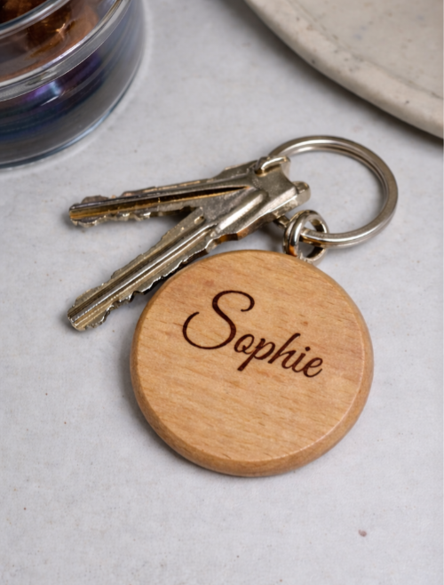 Personalised Wooden Keyring with Name – Engraved Round Wood Keychain (One-Sided)