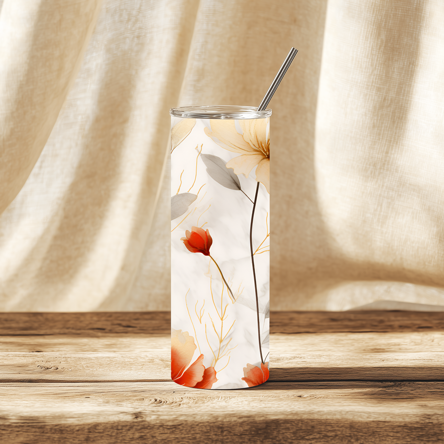 Personalised 20oz Floral Tumbler with Name – Neutral Autumn Flowers Stainless Steel Cup