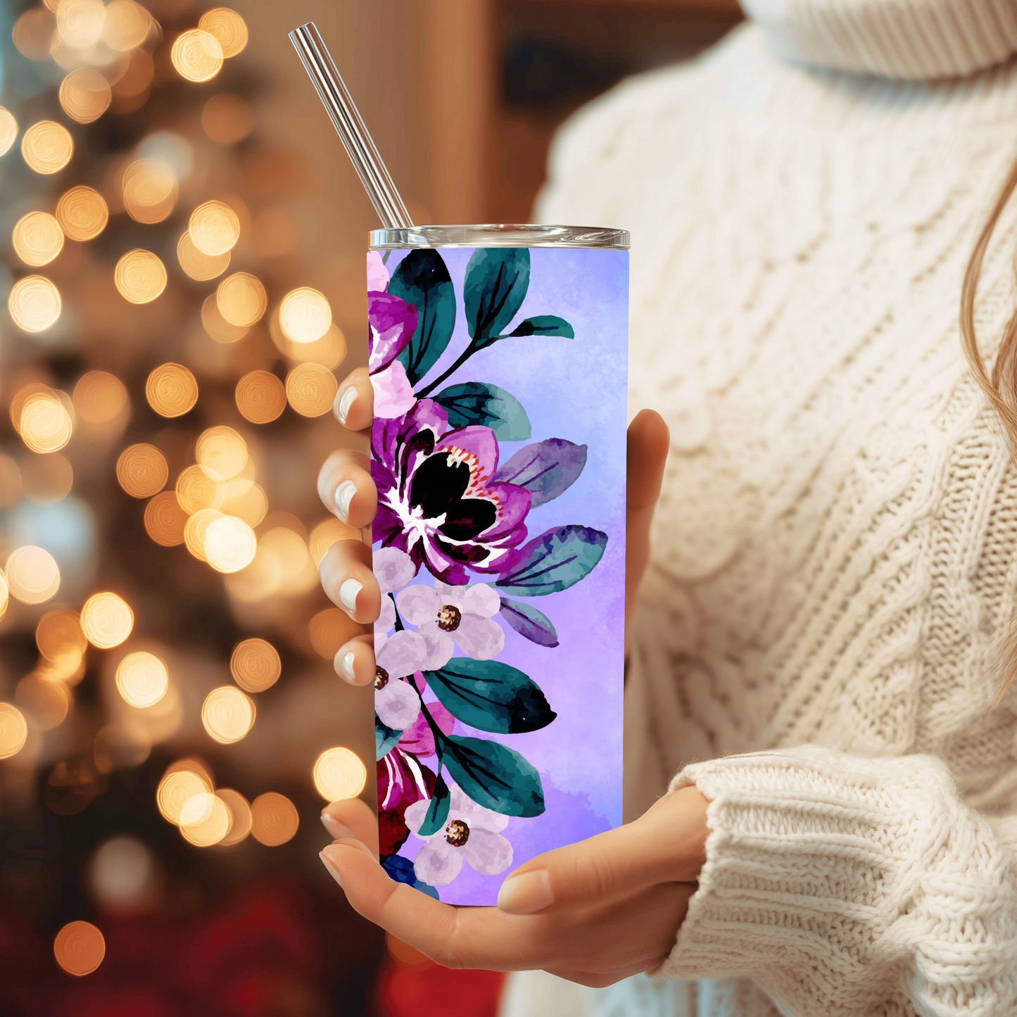 Personalised Purple Floral 20oz Tumbler with Straw – Custom Name Stainless Steel Cup