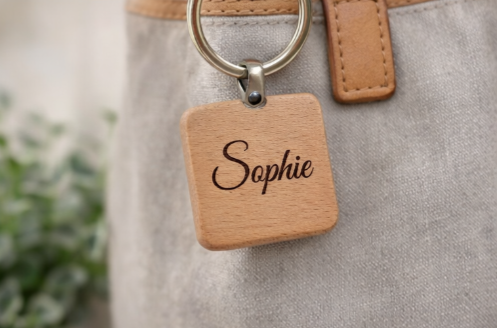 Personalised Wooden Keyring with Name – Engraved Square Wood Keychain (One-Sided)