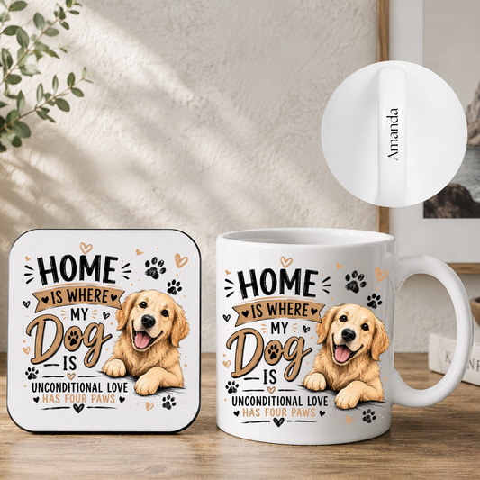 Home is where my dog is - Personalised Dog Lover Mug & Coaster Gift Set 🐾❤️