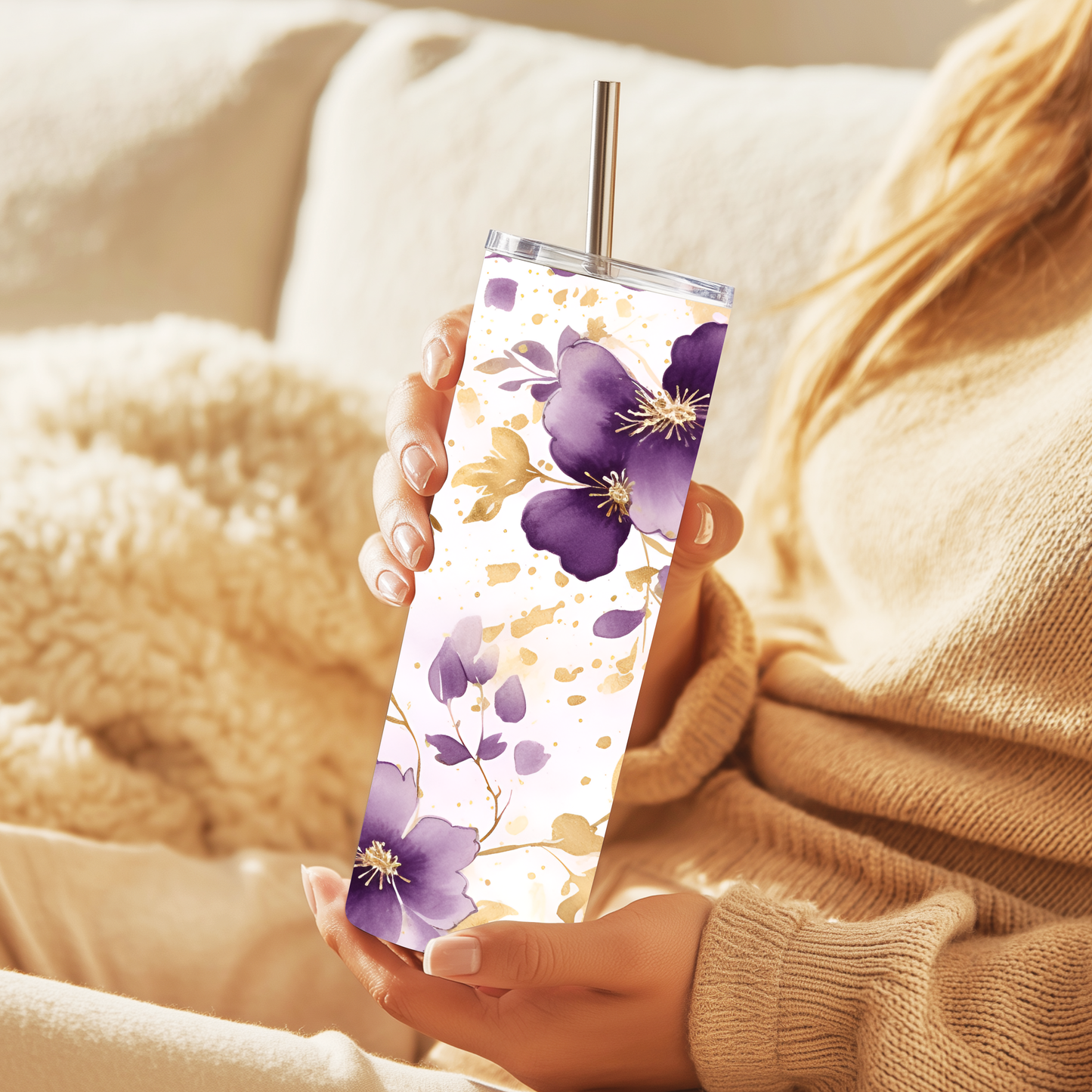 Personalised 20oz Floral Tumbler with Name – Purple & Gold Stainless Steel Cup