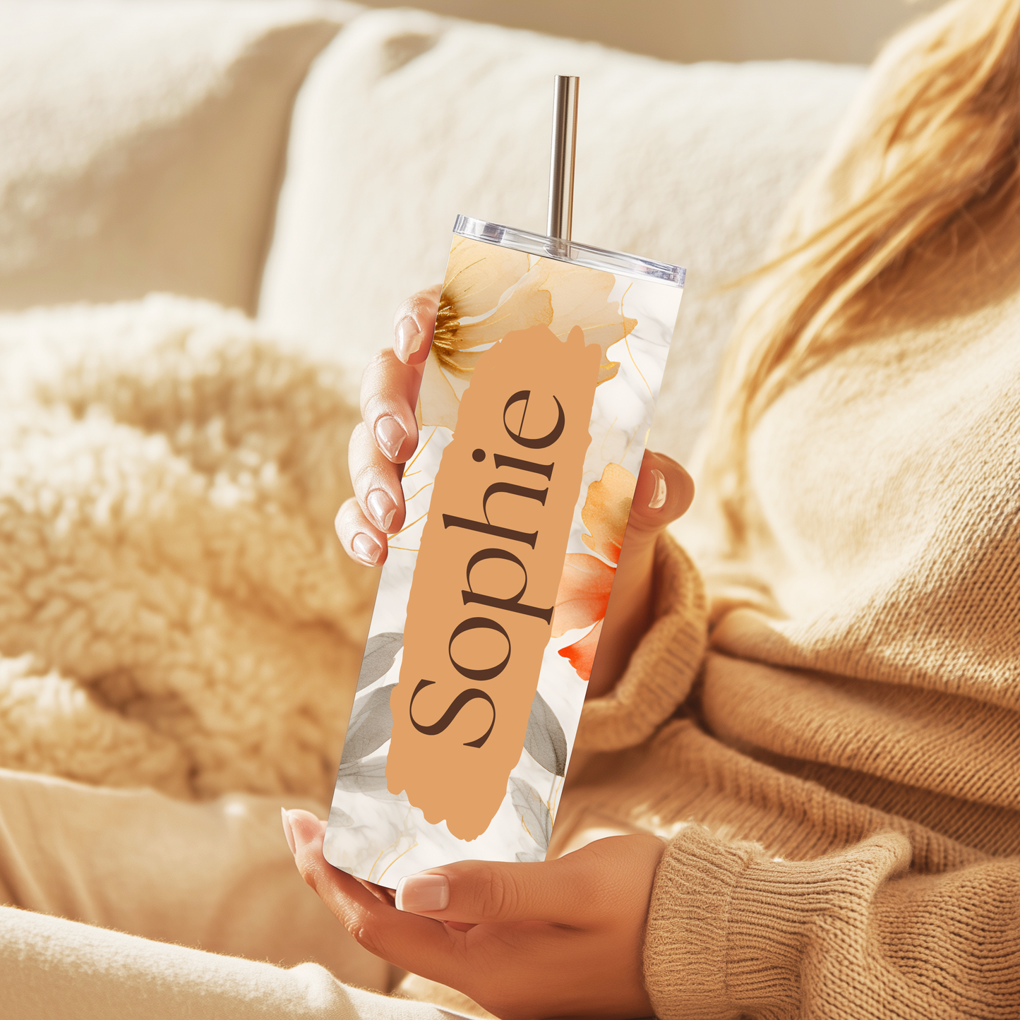 Personalised 20oz Floral Tumbler with Name – Neutral Autumn Flowers Stainless Steel Cup