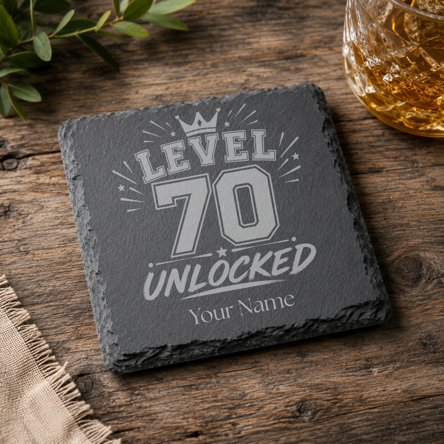 Personalised Level 70 Unlocked Engraved Slate Coaster – Milestone Birthday Gift