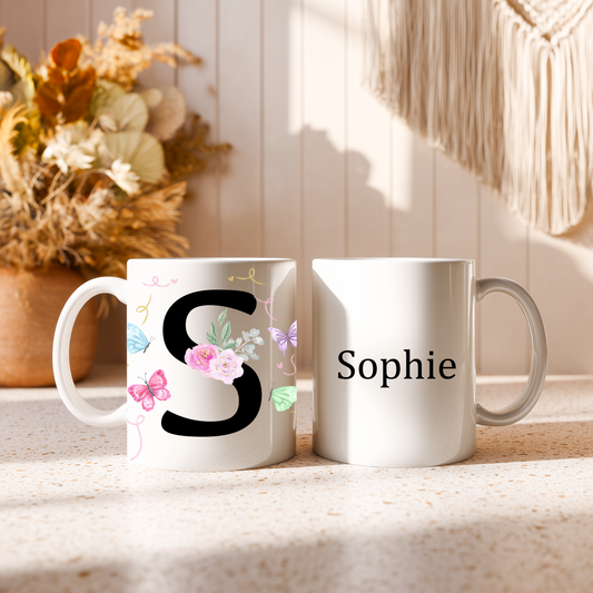 Personalised Initial & Name Mug – Custom Floral Design