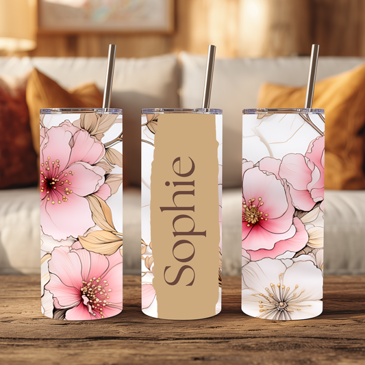Personalised 20oz Floral Tumbler with Name – Blush Pink Elegant Flowers Stainless Steel Cup