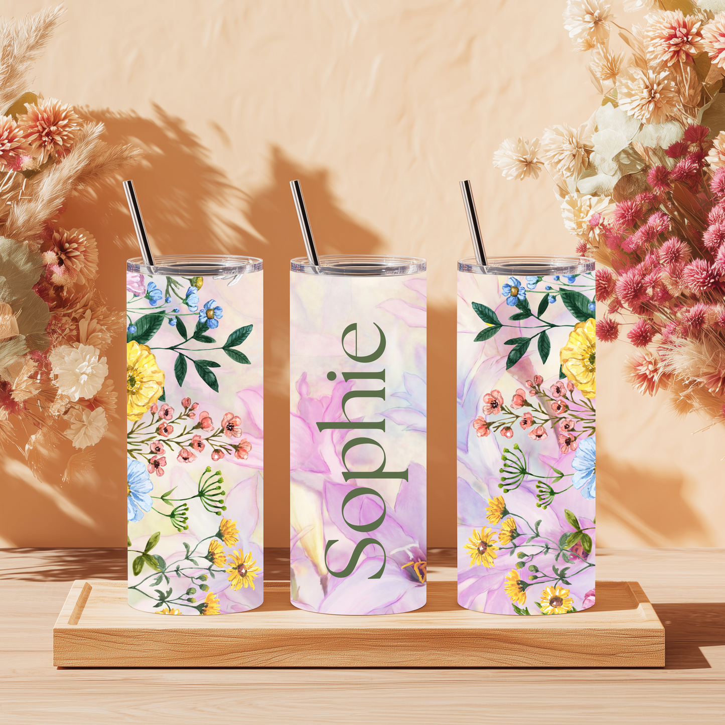 Personalised Floral 20oz Tumbler with Straw – Custom Name Stainless Steel Cup