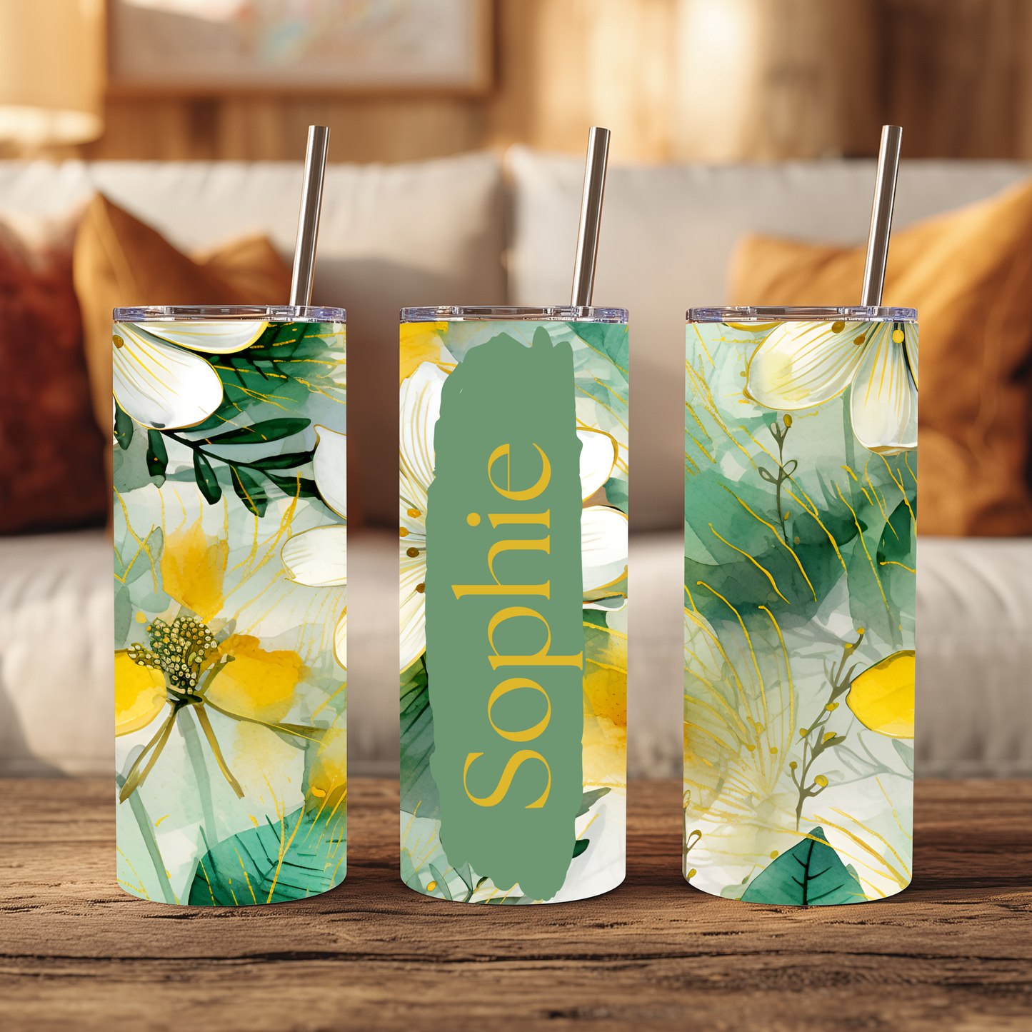 Personalised 20oz Floral Tumbler with Name – Green & Yellow Botanical Stainless Steel Cup