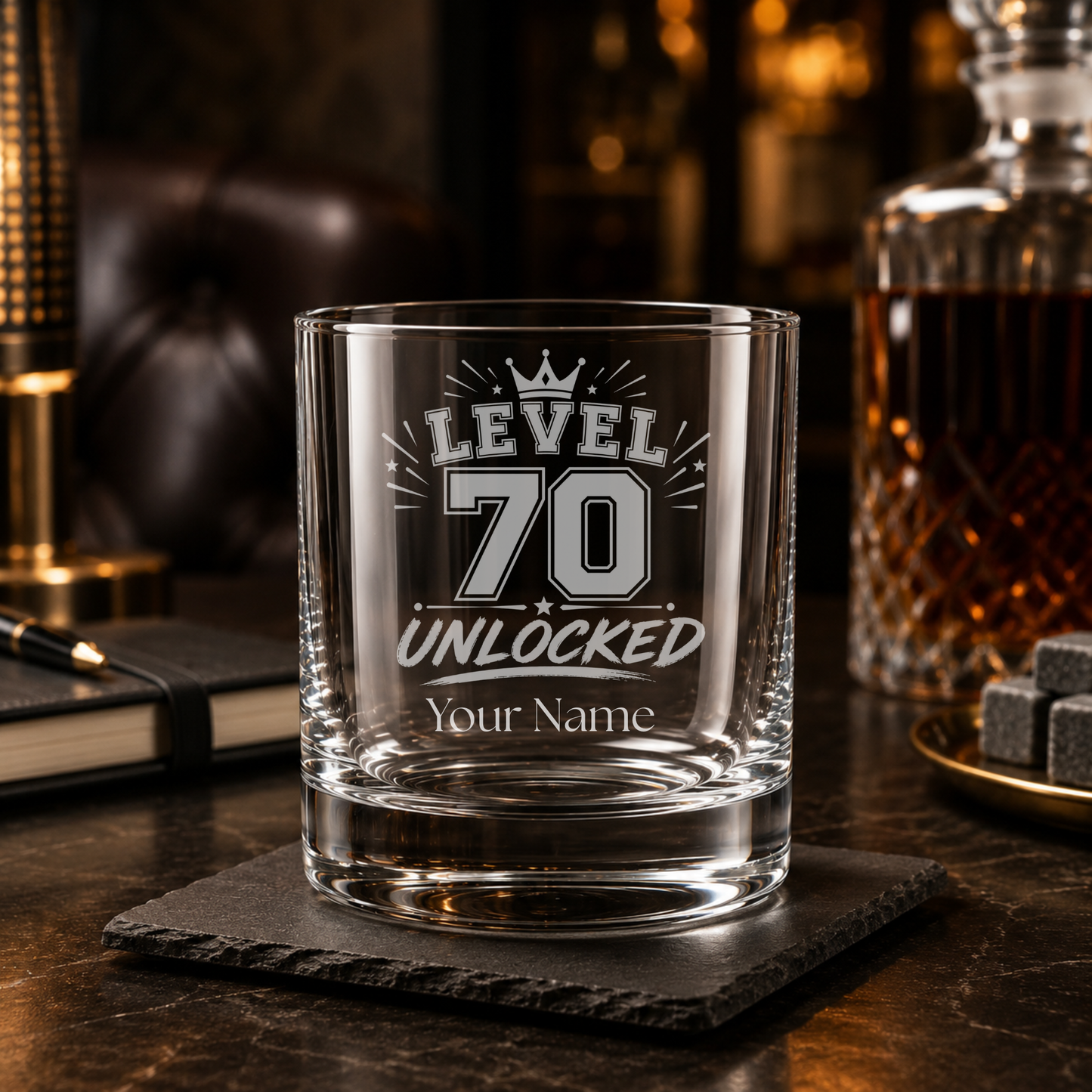 Personalised Level 70 Unlocked Whisky Glass – Milestone Birthday Gift