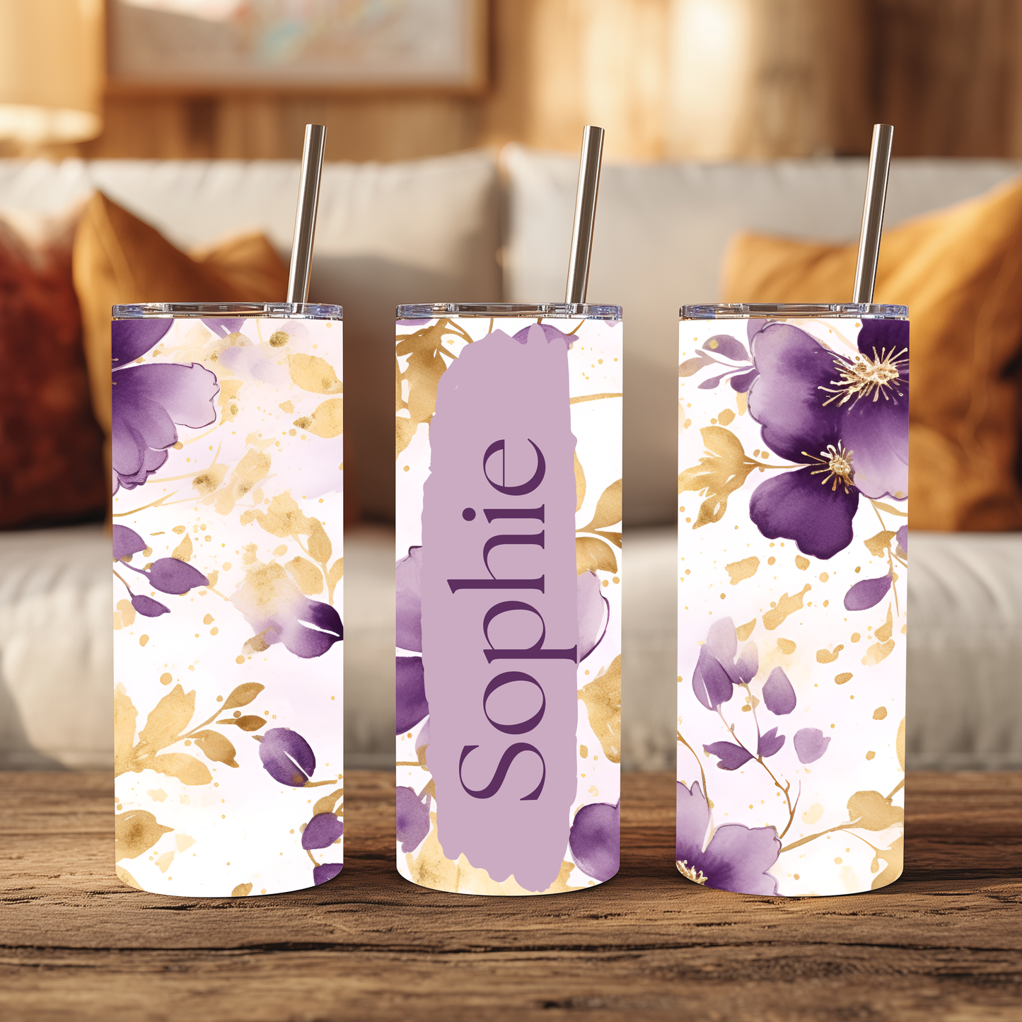 Personalised 20oz Floral Tumbler with Name – Purple & Gold Stainless Steel Cup