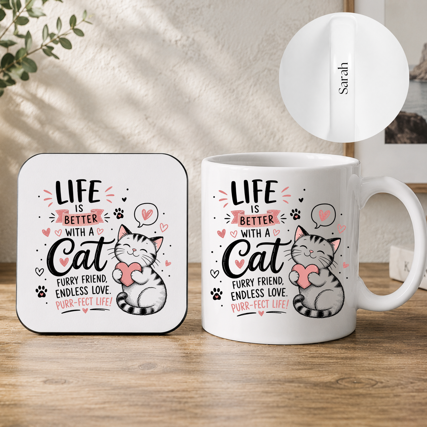 Personalised Cat Lover Mug & Coaster Gift Set
