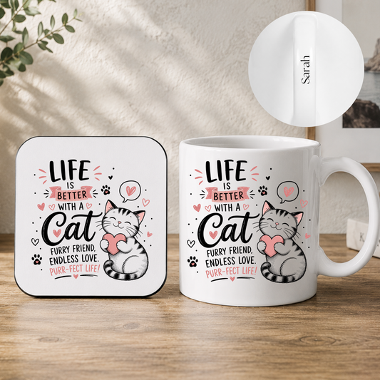 Personalised Cat Mug & Coaster Gift Set – Life Is Better With a Cat