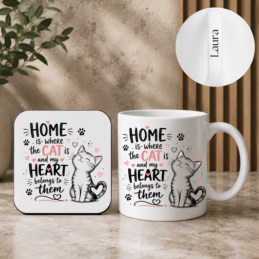 Personalised Cat Mug & Coaster Gift Set – Home Is Where the Cat Is
