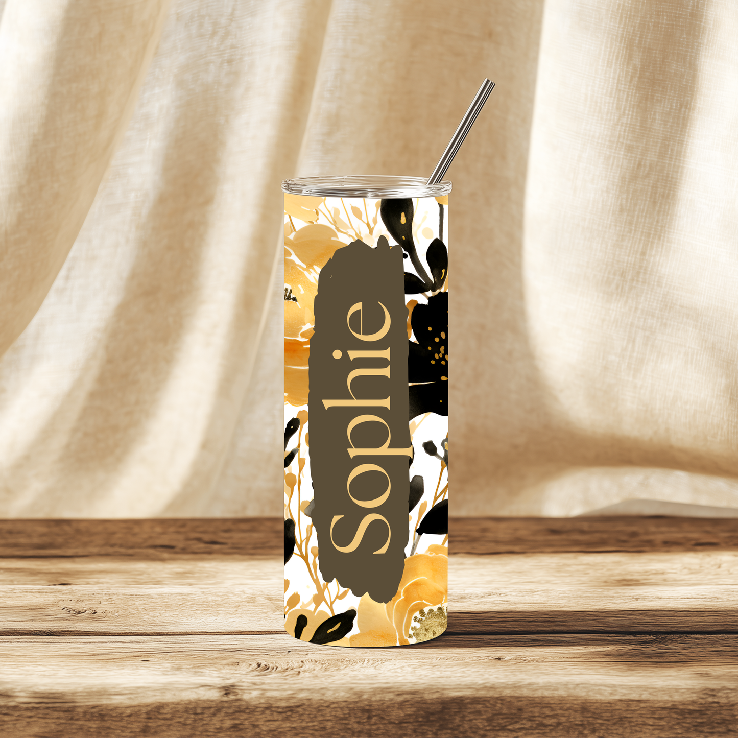 Personalised 20oz Floral Tumbler with Name – Black & Gold Luxury Stainless Steel Cup