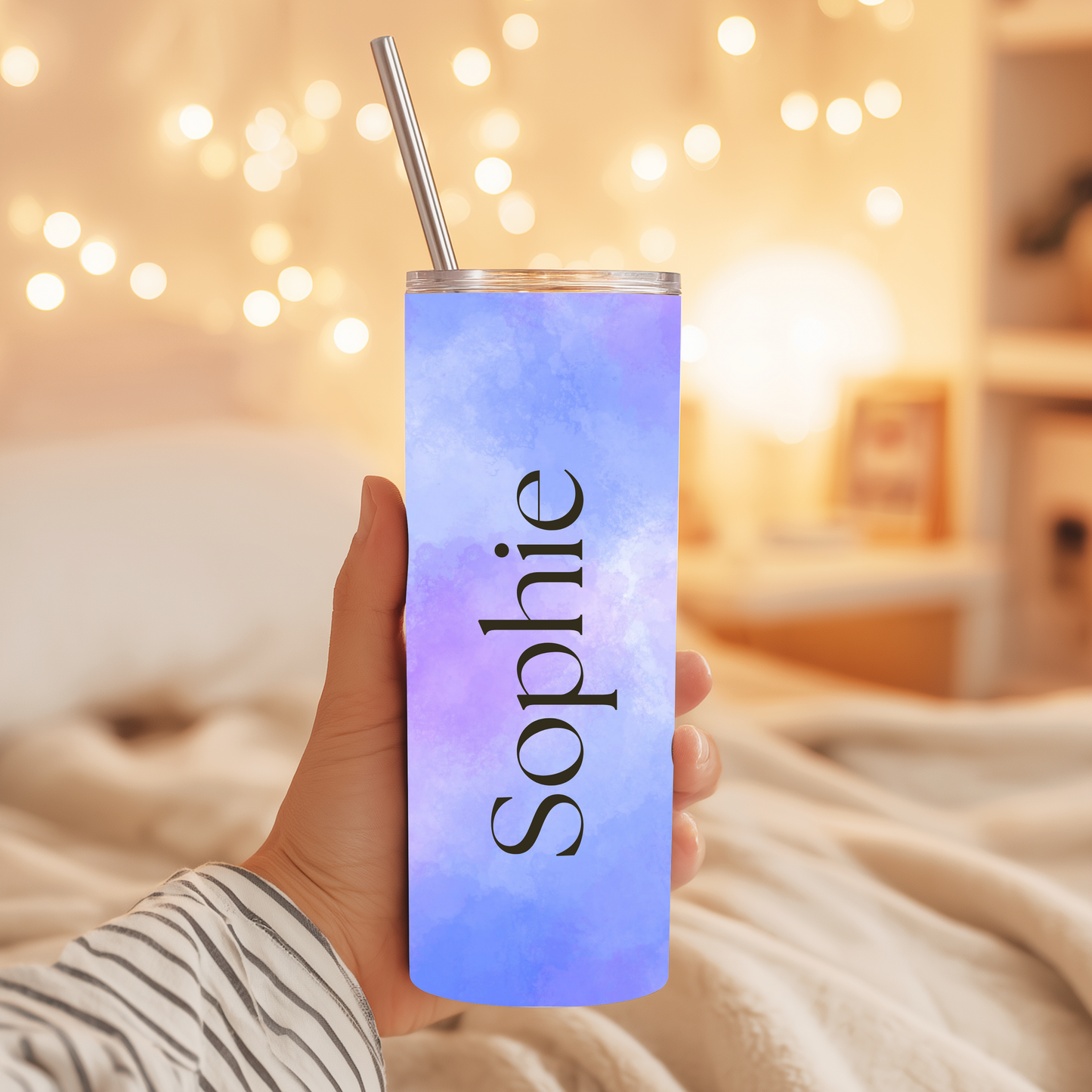 Personalised Purple Floral 20oz Tumbler with Straw – Custom Name Stainless Steel Cup