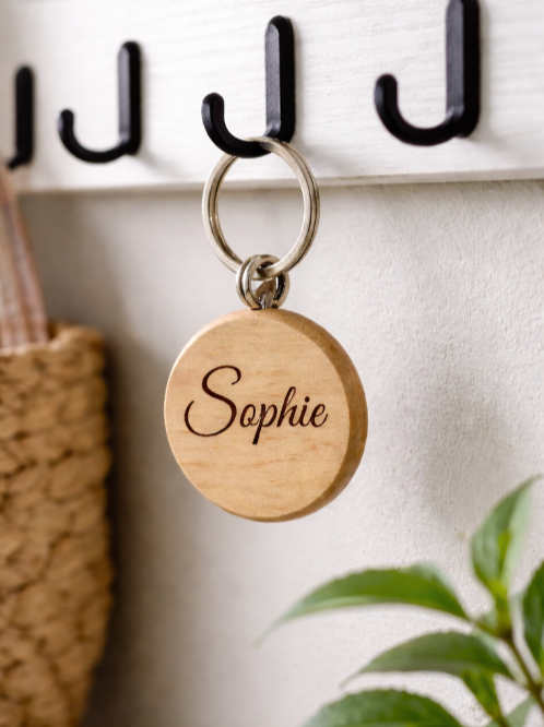 Personalised Wooden Keyring with Name – Engraved Round Wood Keychain (One-Sided)