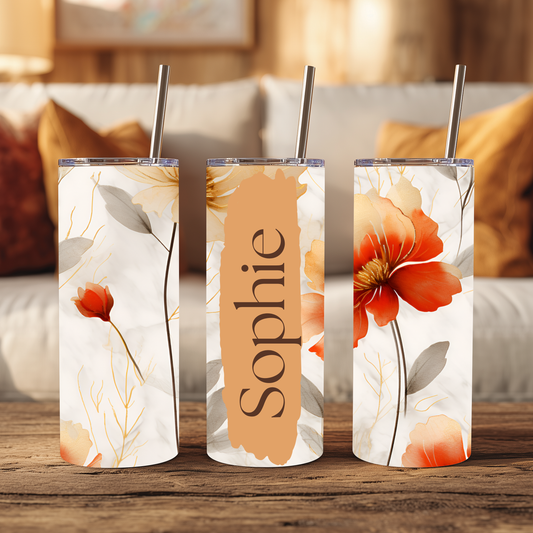 Personalised 20oz Floral Tumbler with Name – Neutral Autumn Flowers Stainless Steel Cup
