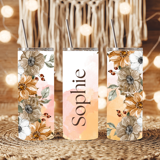 Personalised Autumn Floral 20oz Tumbler with Straw – Custom Name Stainless Steel Cup