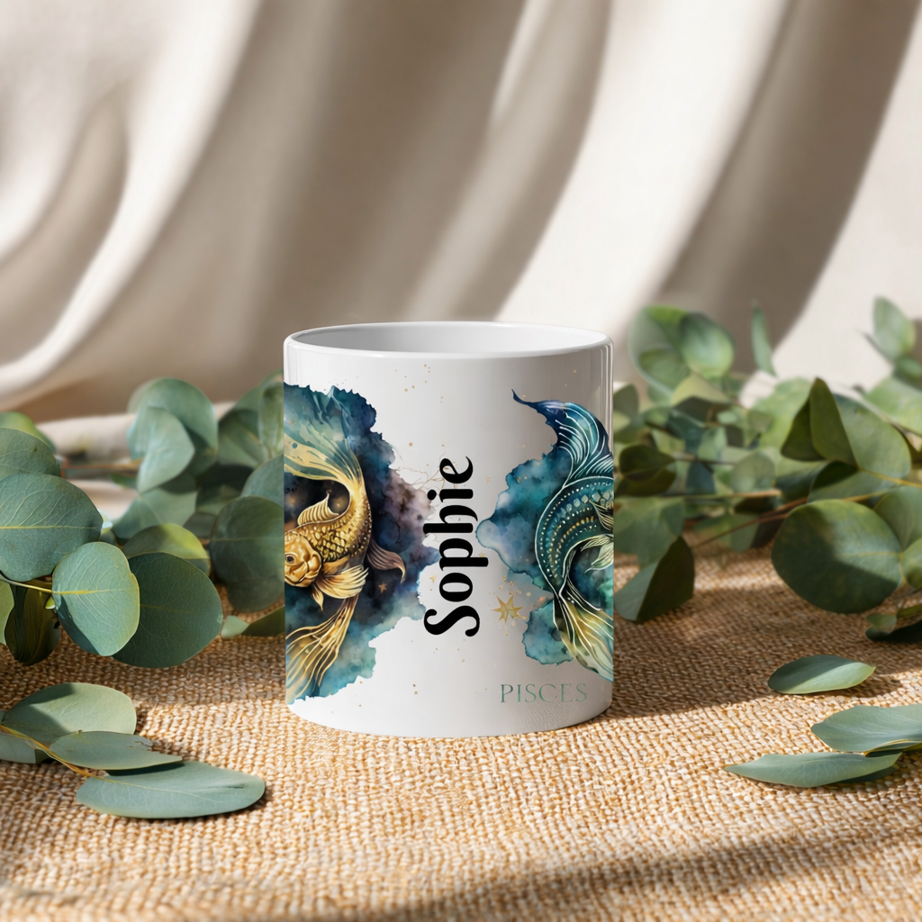 Personalised Pisces Zodiac Mug – Astrology Ceramic Mug with Name