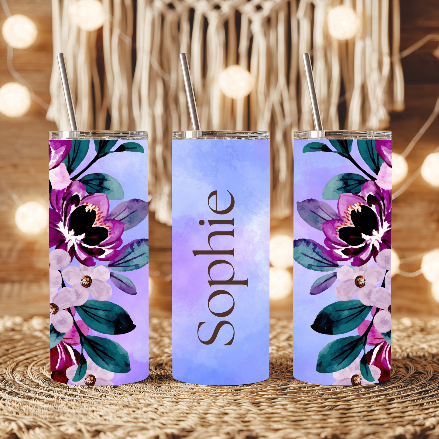 Personalised Purple Floral 20oz Tumbler with Straw – Custom Name Stainless Steel Cup