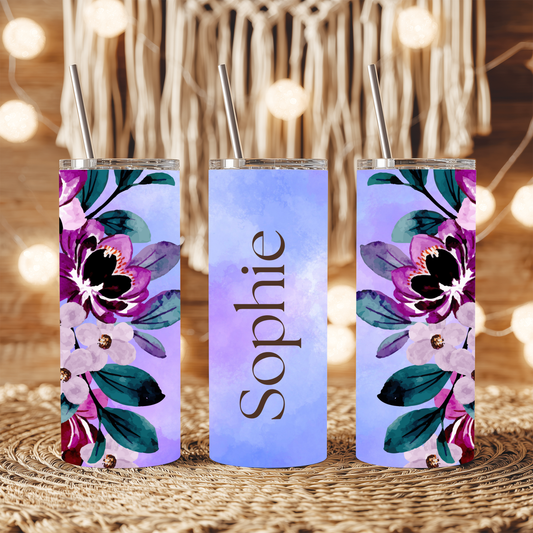 Personalised Purple Floral 20oz Tumbler with Straw – Custom Name Stainless Steel Cup