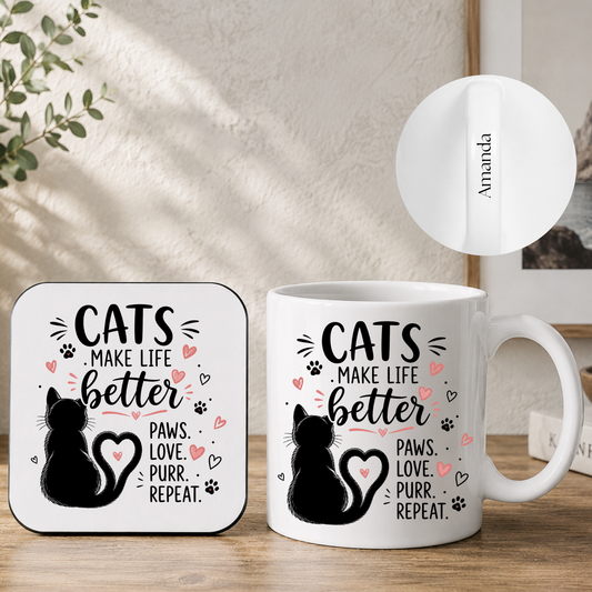 Cats Make Life Better – Personalised Mug & Coaster Gift Set