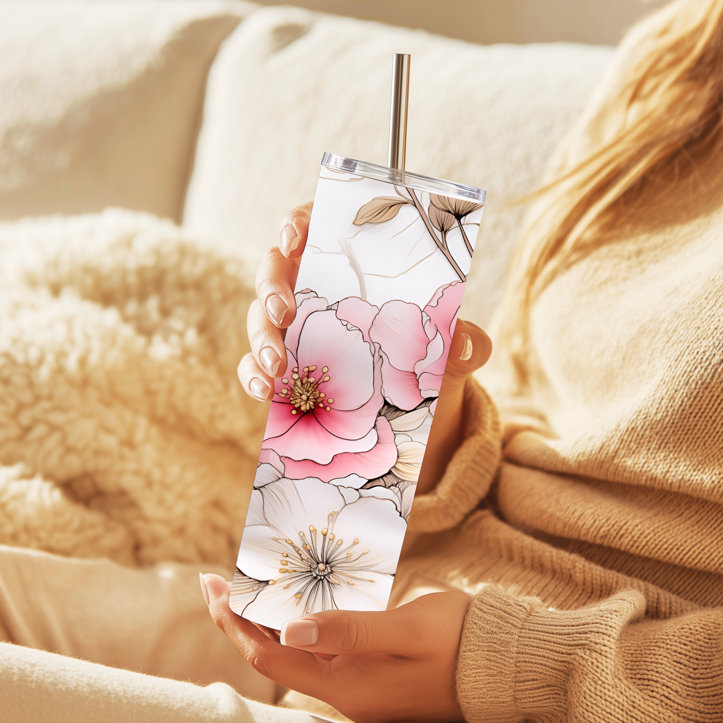 Personalised 20oz Floral Tumbler with Name – Blush Pink Elegant Flowers Stainless Steel Cup