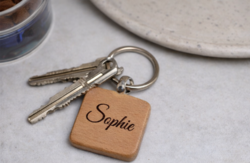 Personalised Wooden Keyring with Name – Engraved Square Wood Keychain (One-Sided)