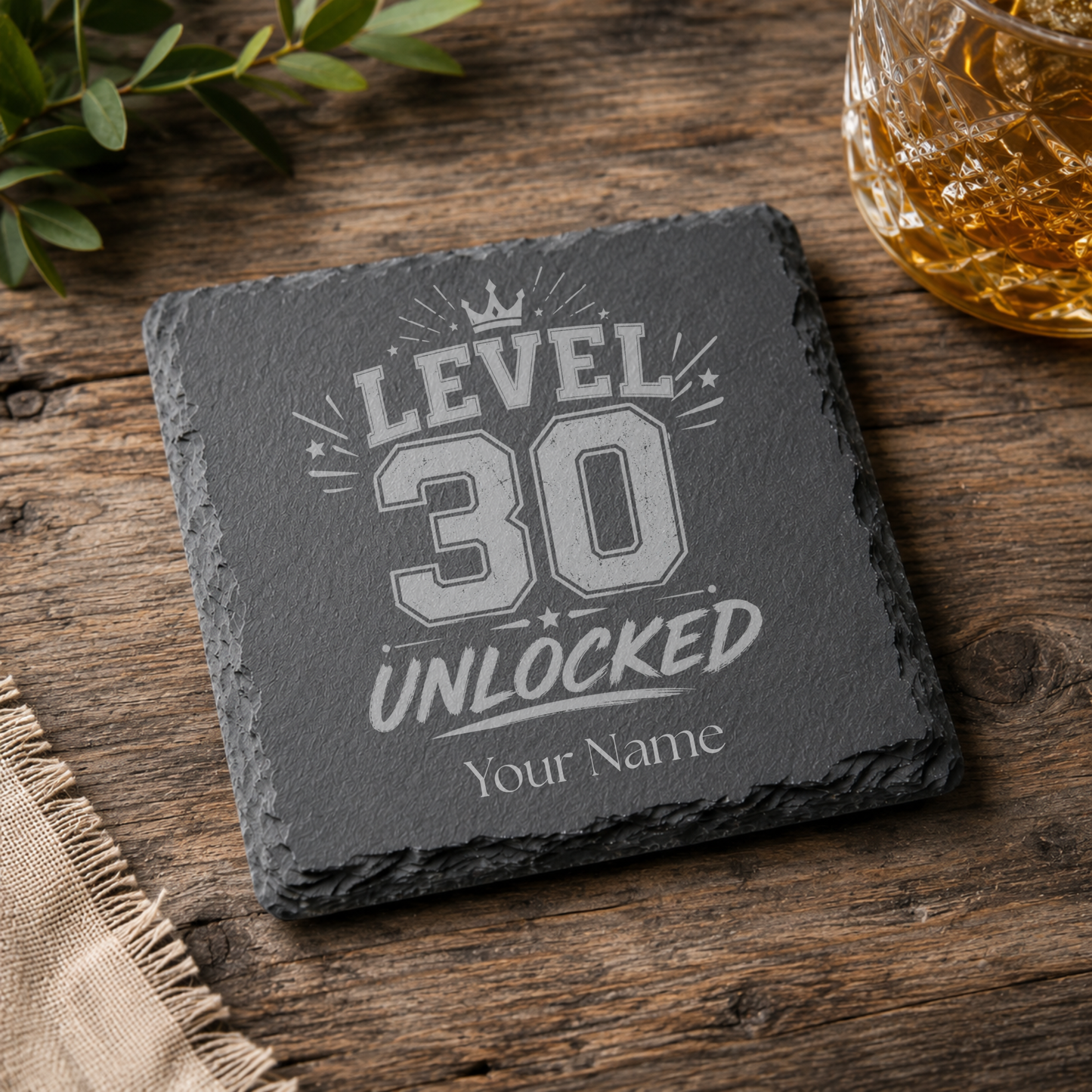 Personalised Level 30 Unlocked Engraved Slate Coaster – Milestone Birthday Gift