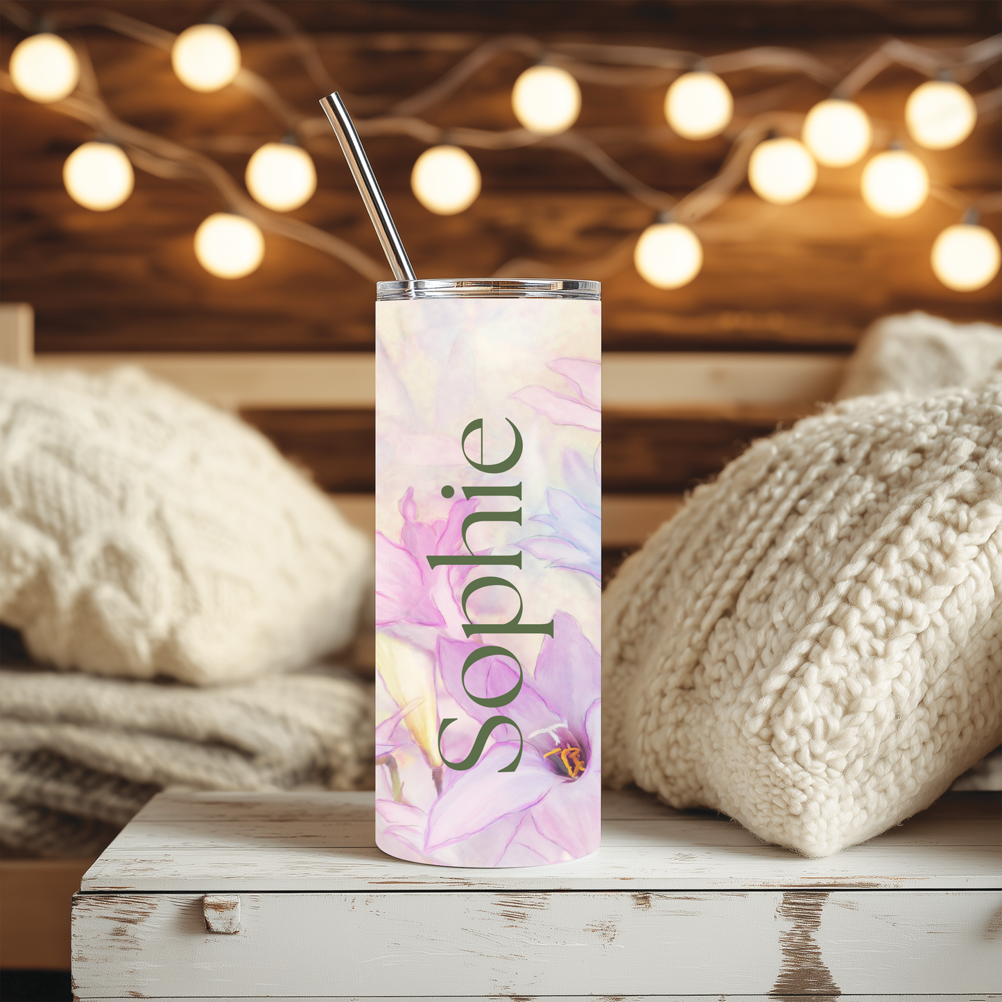 Personalised Floral 20oz Tumbler with Straw – Custom Name Stainless Steel Cup