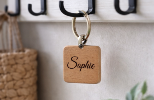 Personalised Wooden Keyring with Name – Engraved Square Wood Keychain (One-Sided)
