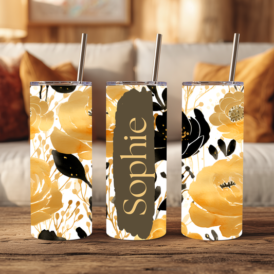 Personalised 20oz Floral Tumbler with Name – Black & Gold Luxury Stainless Steel Cup