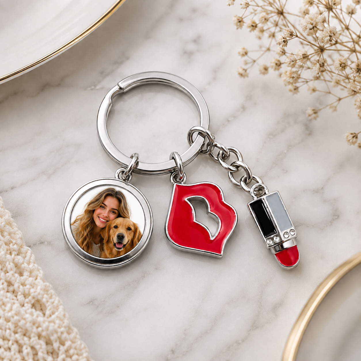 Personalised Photo Keyring with Lipstick & Lips Charms 💄💋