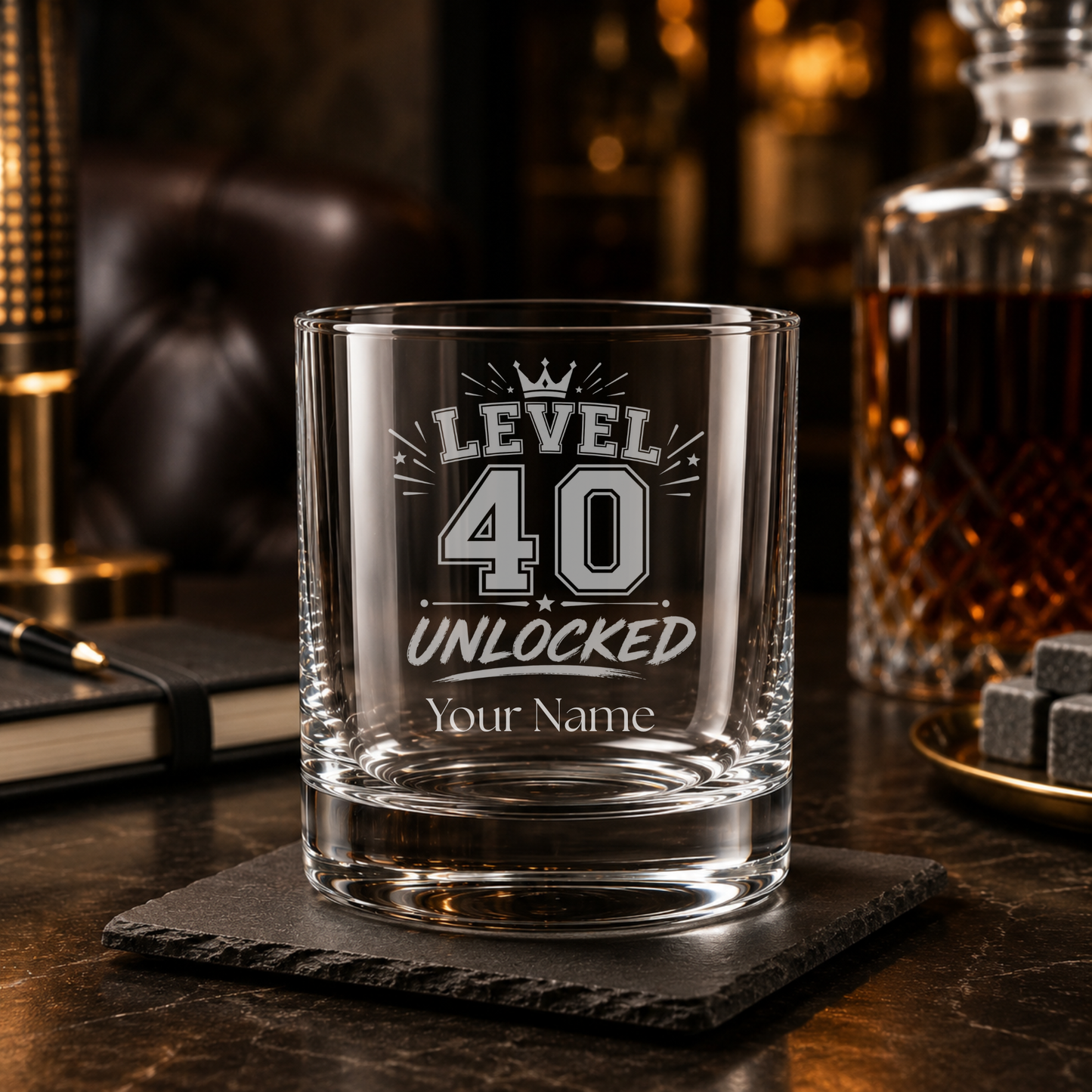 Personalised Level 40 Unlocked Whisky Glass – Milestone Birthday Gift